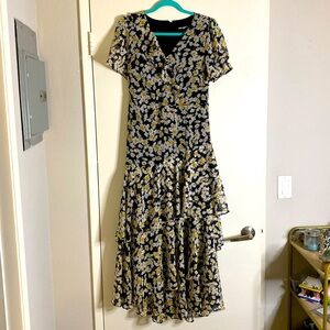 Karl Lagerfeld Asymmetrical Ruffle Tiered Daisy Flower Maxi Dress size 6